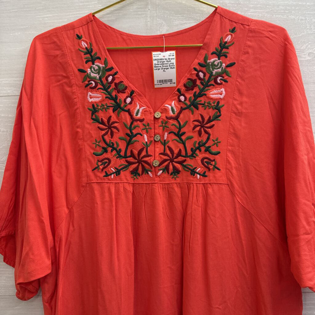 Orange/ Multi Embroidered Long Sleeve Dress Extra Large