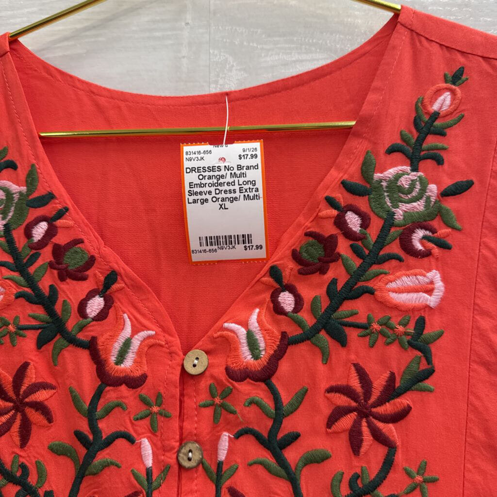 Orange/ Multi Embroidered Long Sleeve Dress Extra Large