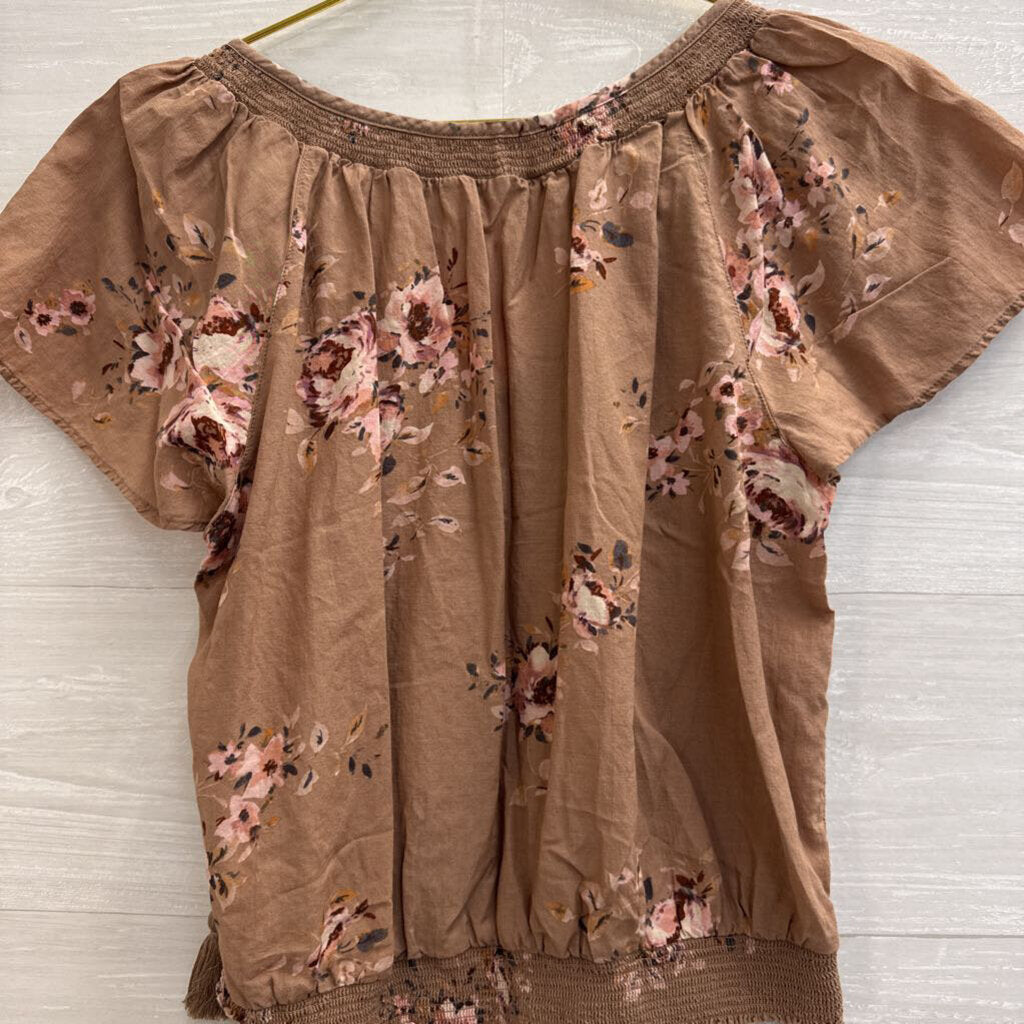 Lucky Brand Brown Floral Print Short Sleeve Top Extra Small