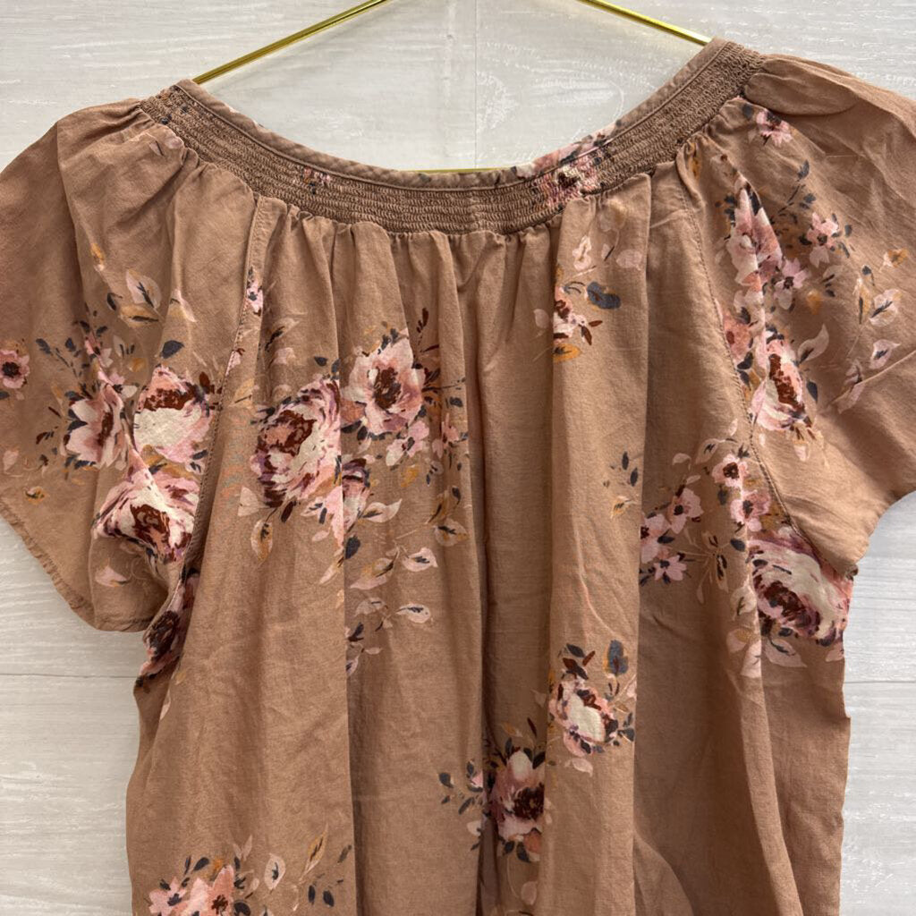 Lucky Brand Brown Floral Print Short Sleeve Top Extra Small