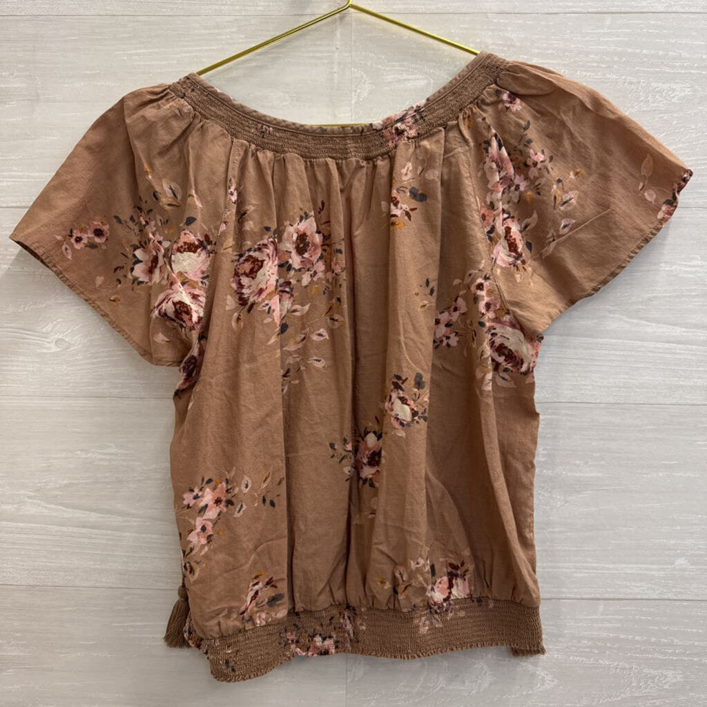Lucky Brand Brown Floral Print Short Sleeve Top Extra Small