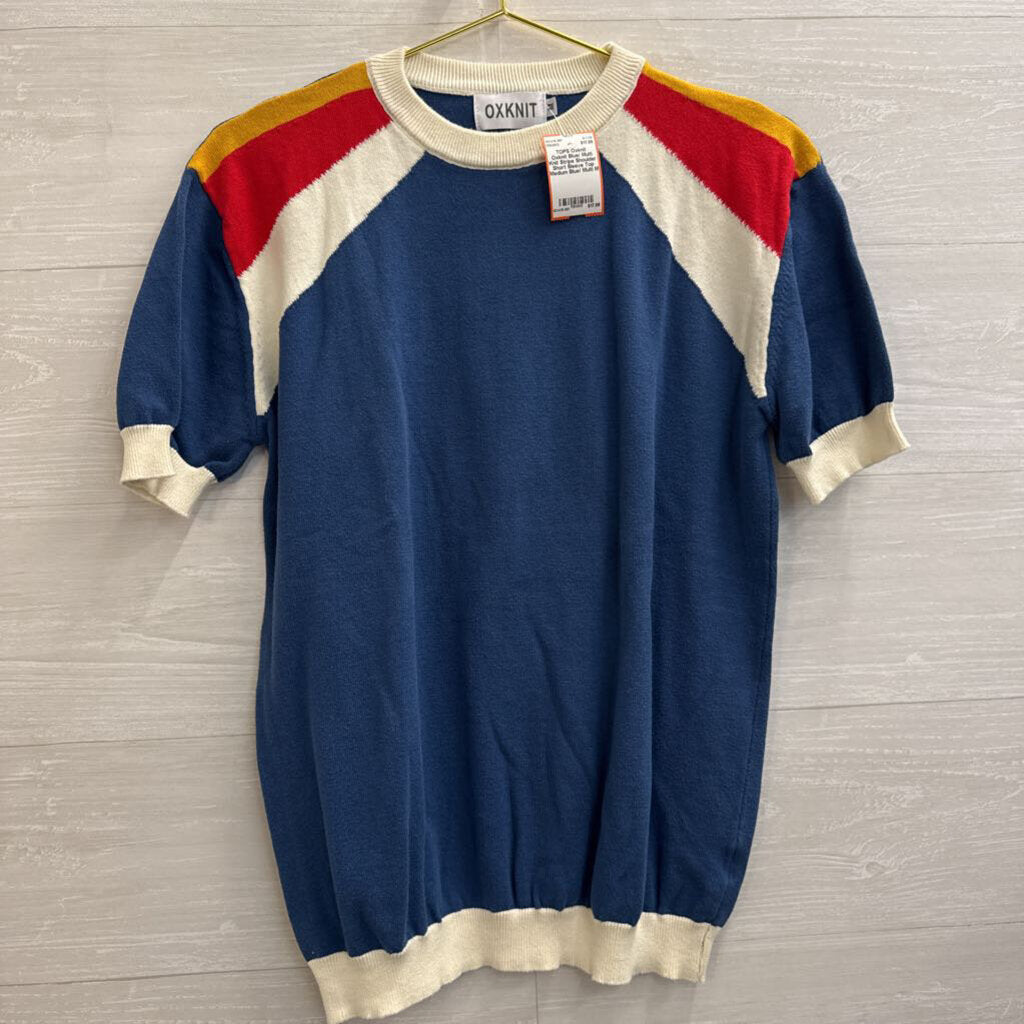 Oxknit Blue/ Multi Knit Stripe Shoulder Short Sleeve Top Medium
