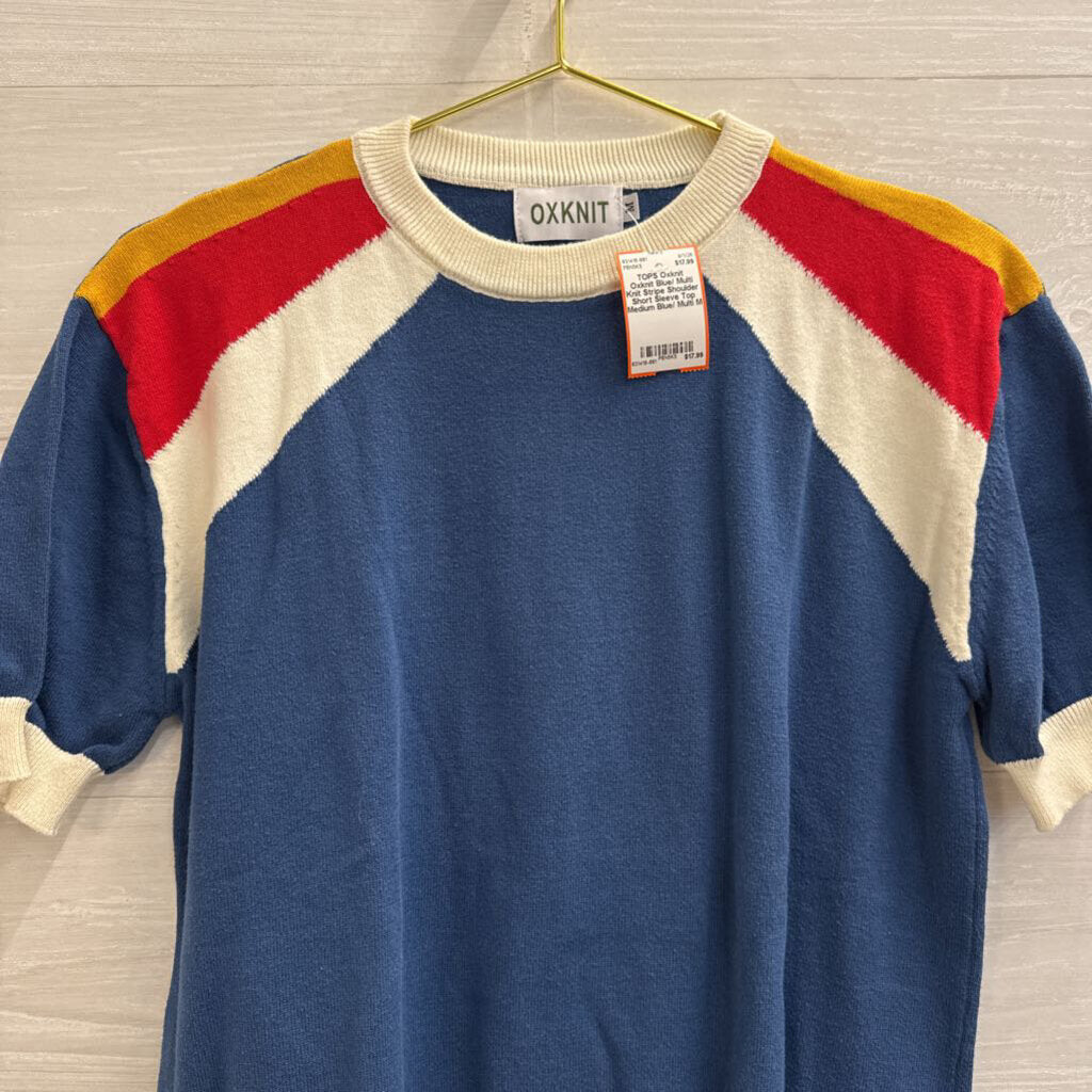Oxknit Blue/ Multi Knit Stripe Shoulder Short Sleeve Top Medium