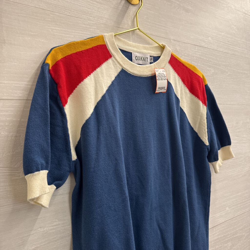 Oxknit Blue/ Multi Knit Stripe Shoulder Short Sleeve Top Medium