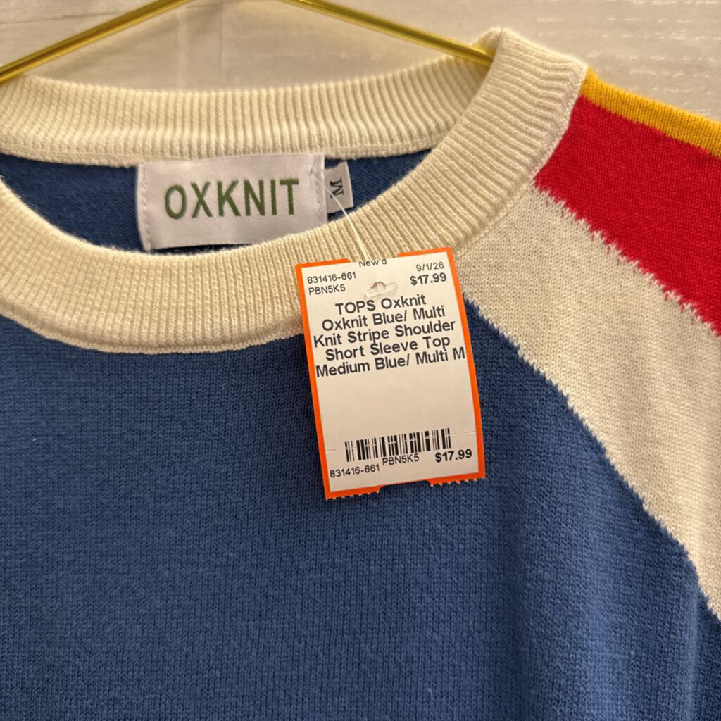 Oxknit Blue/ Multi Knit Stripe Shoulder Short Sleeve Top Medium