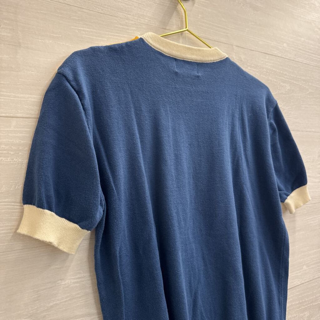 Oxknit Blue/ Multi Knit Stripe Shoulder Short Sleeve Top Medium