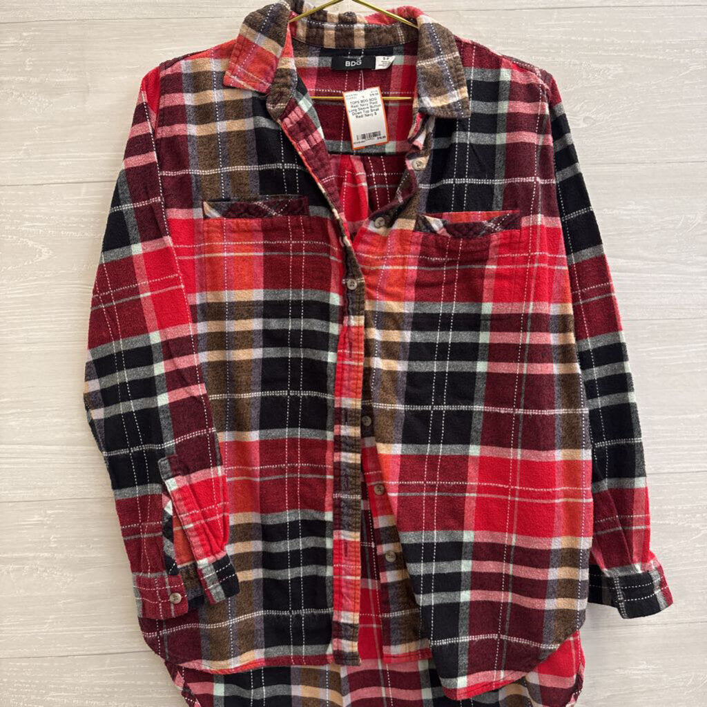 BDG Red/ Navy Plaid Long Sleeve Button Down Top Small