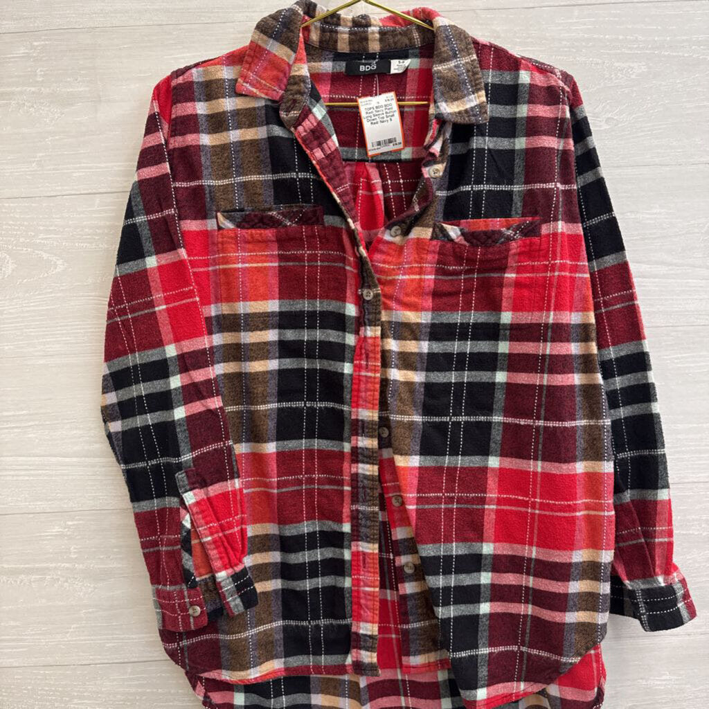BDG Red/ Navy Plaid Long Sleeve Button Down Top Small