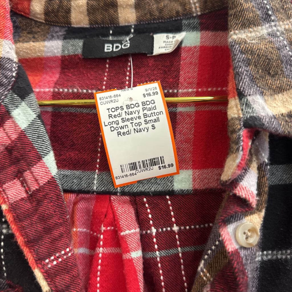 BDG Red/ Navy Plaid Long Sleeve Button Down Top Small