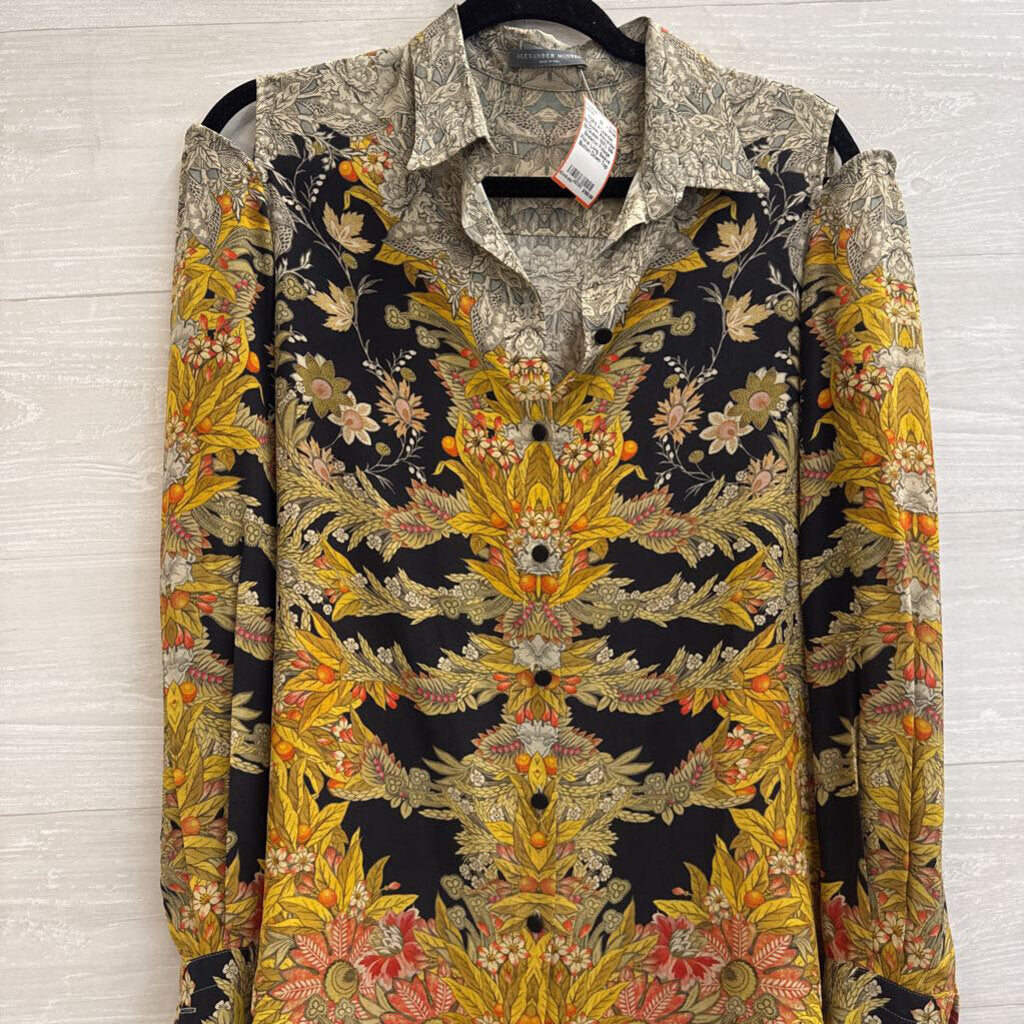 Alexander McQueen 100% Silk Skeleton Foliage Floral Long Sleeve Button Down Top European 42