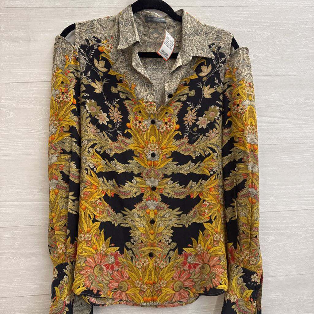 Alexander McQueen 100% Silk Skeleton Foliage Floral Long Sleeve Button Down Top European 42
