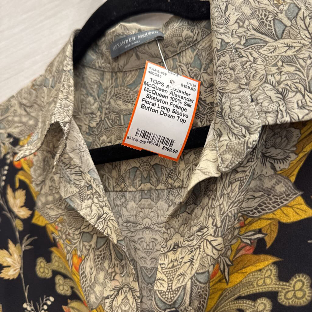 Alexander McQueen 100% Silk Skeleton Foliage Floral Long Sleeve Button Down Top European 42