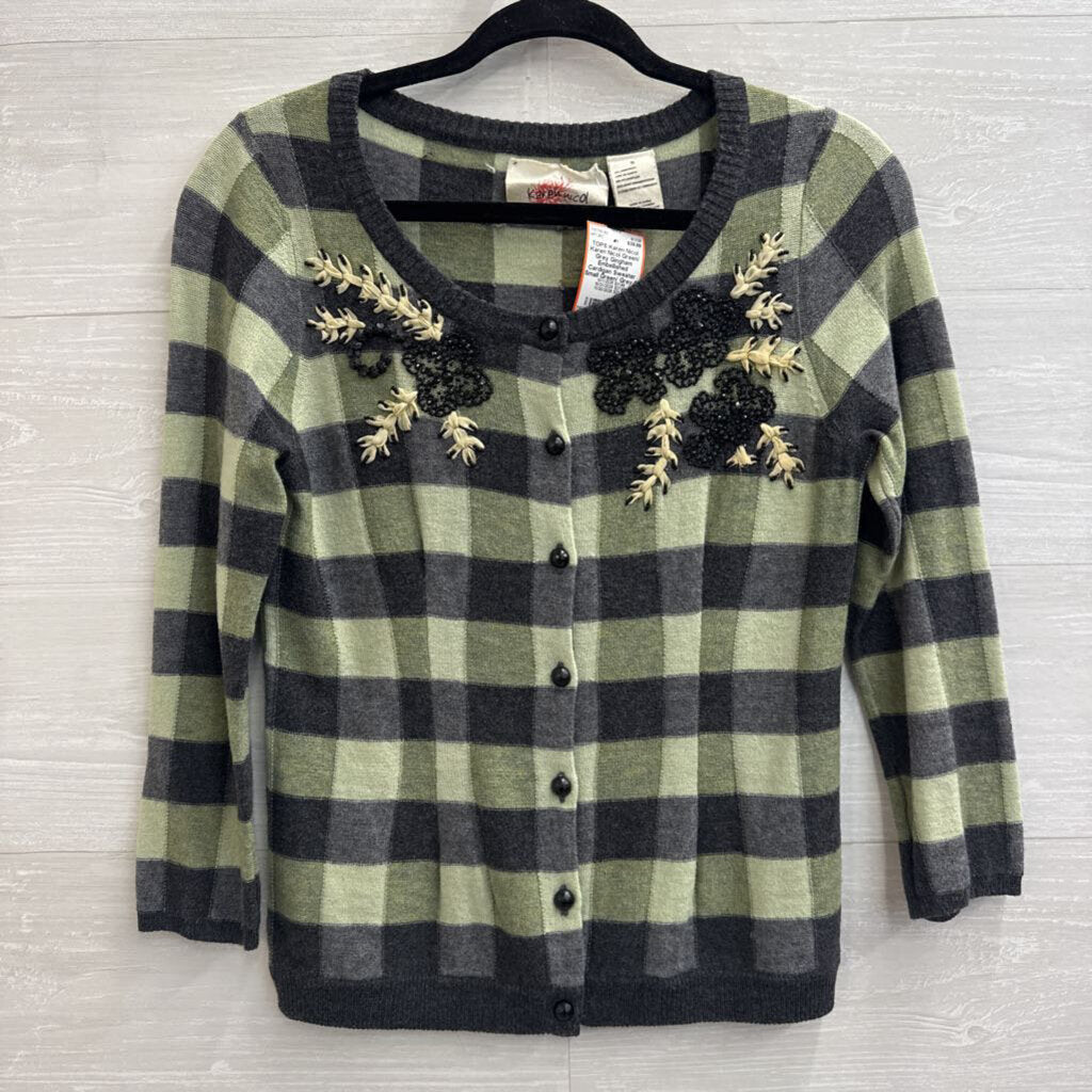 Karen Nicol Green/ Grey Gingham Embellished Cardigan Sweater Small