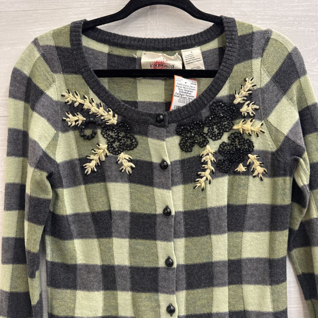 Karen Nicol Green/ Grey Gingham Embellished Cardigan Sweater Small