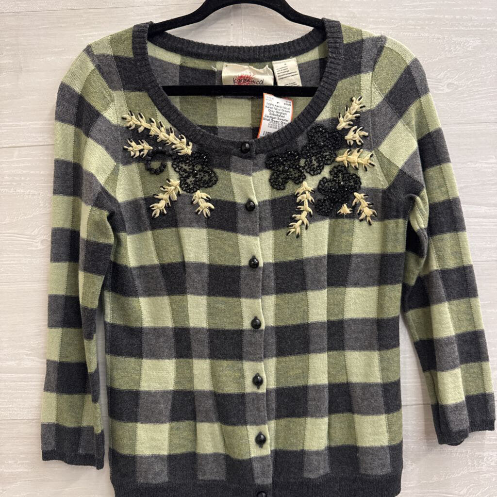 Karen Nicol Green/ Grey Gingham Embellished Cardigan Sweater Small