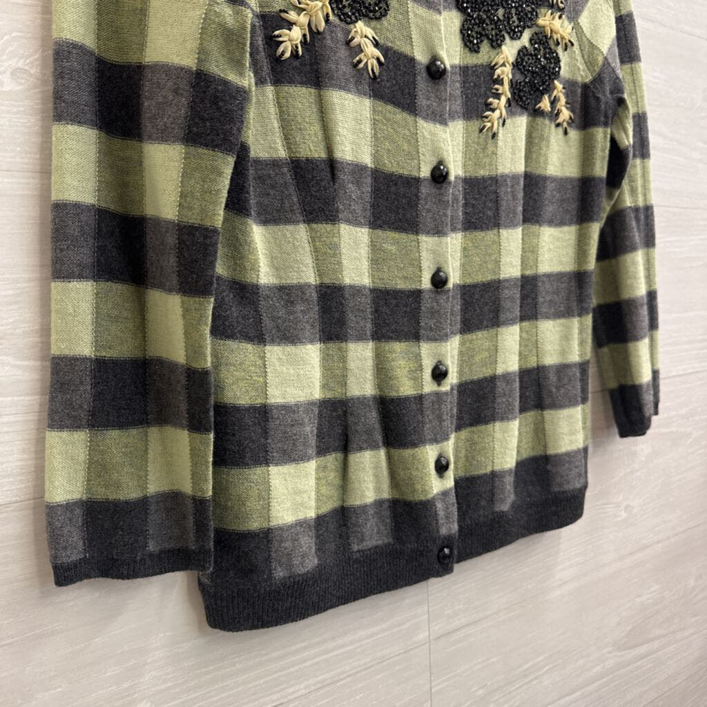 Karen Nicol Green/ Grey Gingham Embellished Cardigan Sweater Small