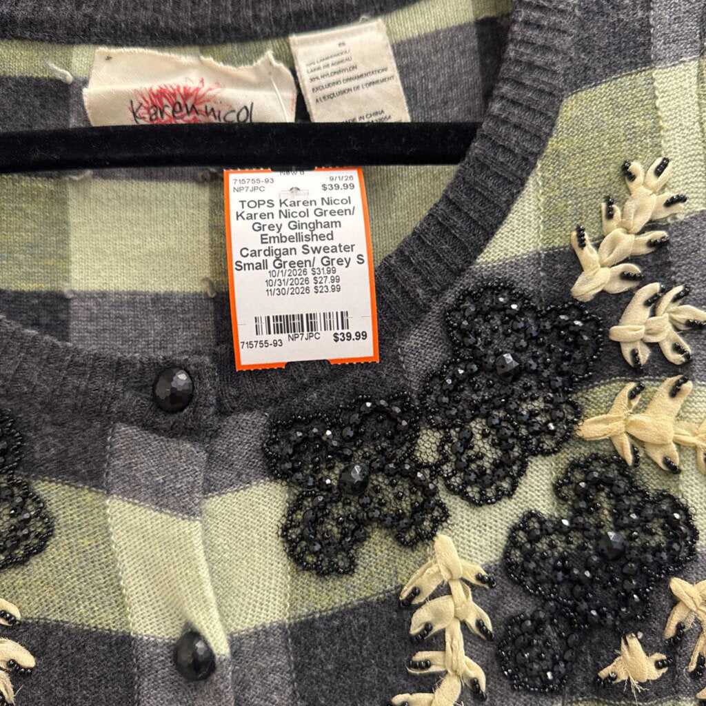Karen Nicol Green/ Grey Gingham Embellished Cardigan Sweater Small