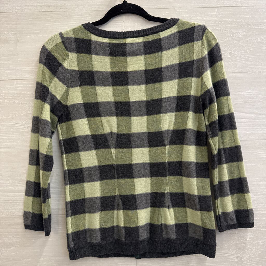 Karen Nicol Green/ Grey Gingham Embellished Cardigan Sweater Small