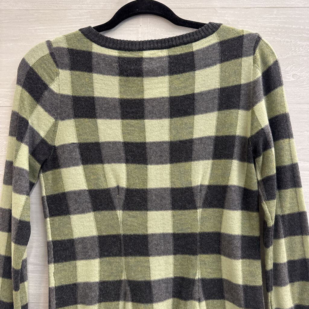 Karen Nicol Green/ Grey Gingham Embellished Cardigan Sweater Small