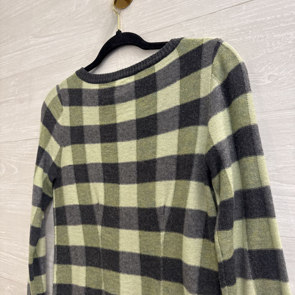 Karen Nicol Green/ Grey Gingham Embellished Cardigan Sweater Small