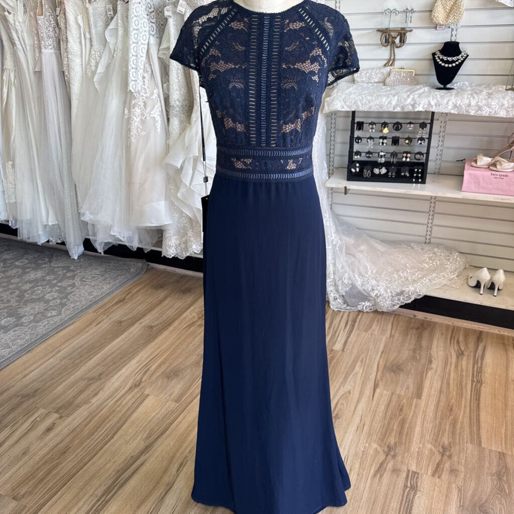 Tadashi Shoji Navy/ Beige Lace Short Sleeve Top Long Formal Dress 10