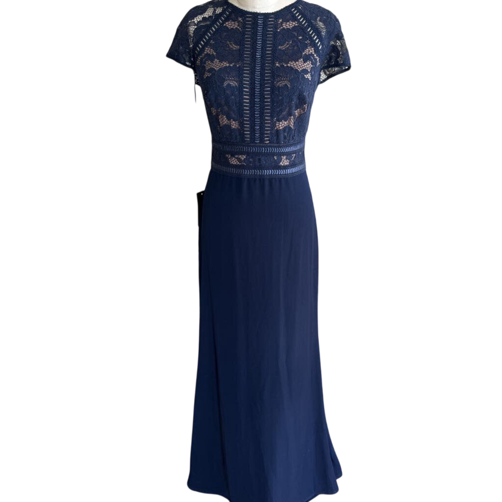 Tadashi Shoji Navy/ Beige Lace Short Sleeve Top Long Formal Dress 10