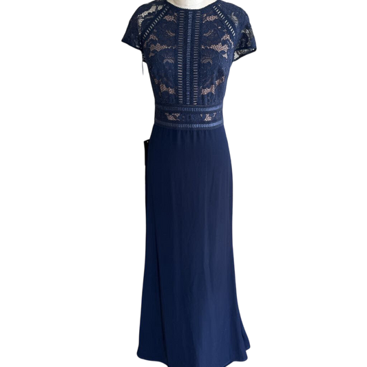 Tadashi Shoji Navy/ Beige Lace Short Sleeve Top Long Formal Dress 10