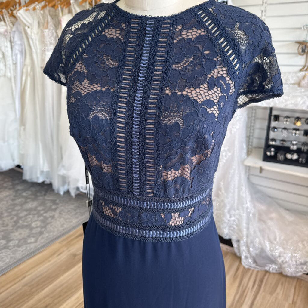 Tadashi Shoji Navy/ Beige Lace Short Sleeve Top Long Formal Dress 10