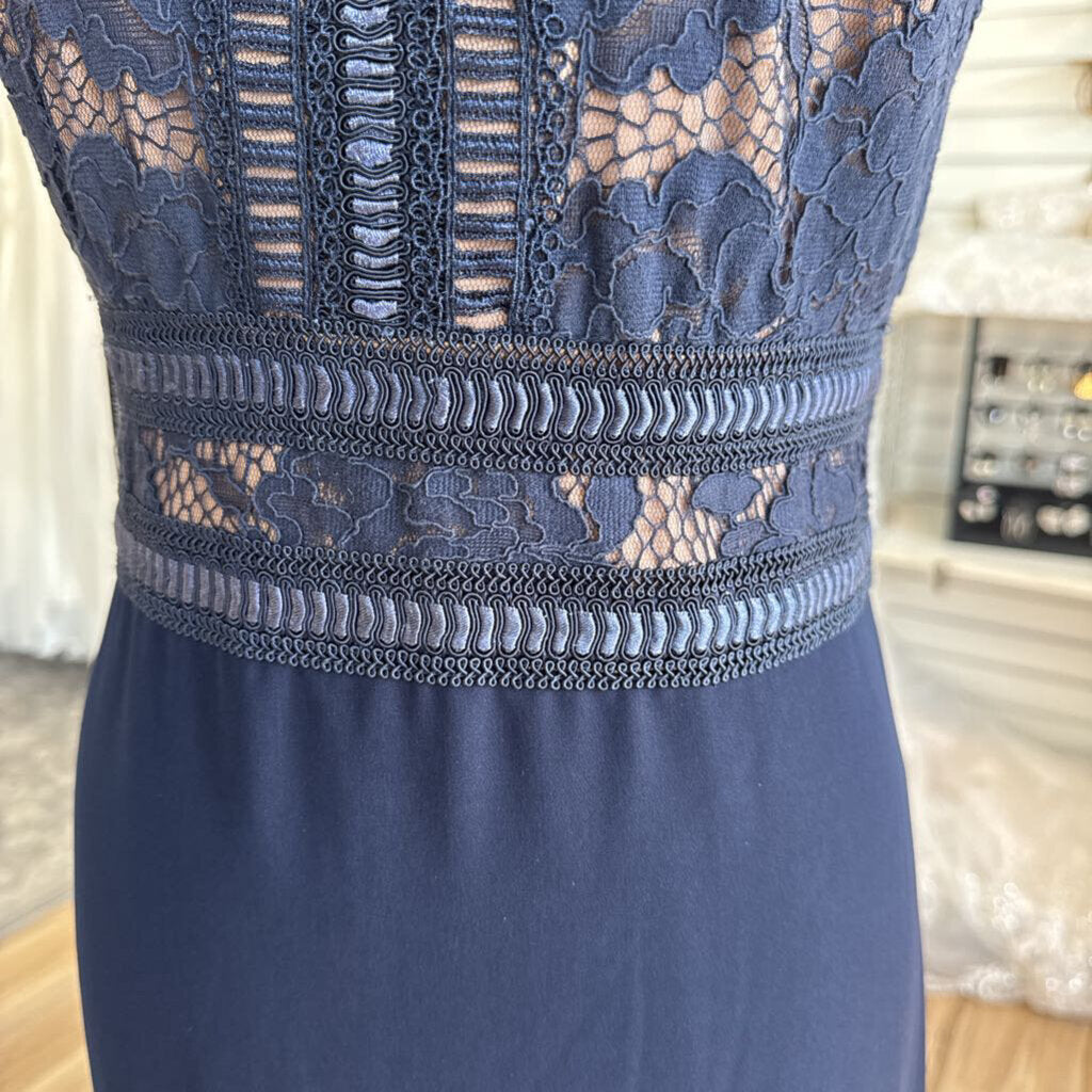 Tadashi Shoji Navy/ Beige Lace Short Sleeve Top Long Formal Dress 10