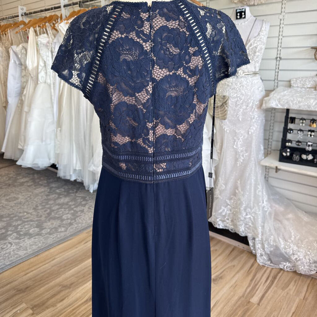 Tadashi Shoji Navy/ Beige Lace Short Sleeve Top Long Formal Dress 10