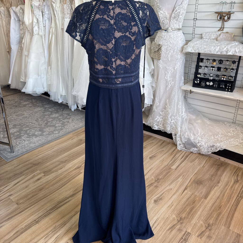Tadashi Shoji Navy/ Beige Lace Short Sleeve Top Long Formal Dress 10