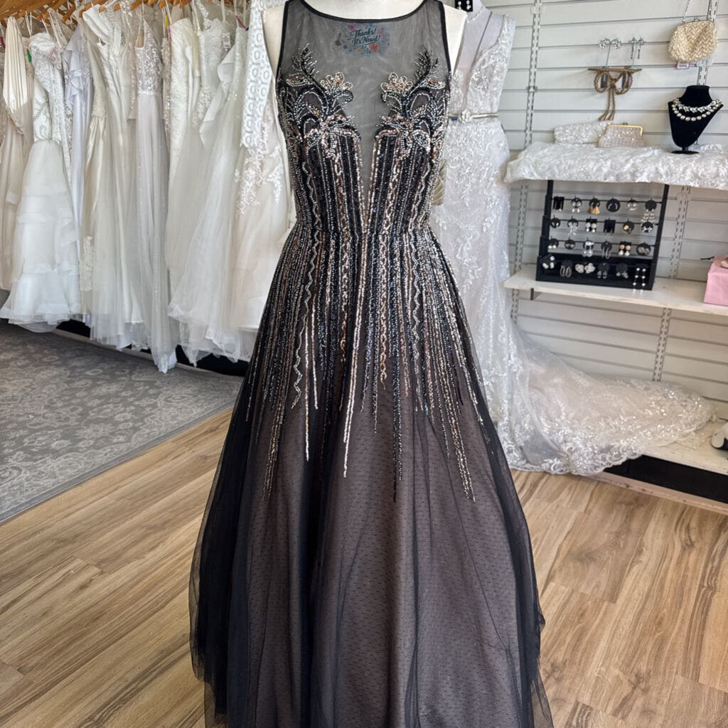 Aidan Mattox Black/ Gold Beaded Sequin Illusion Neck A Line Long Formal Dress 8