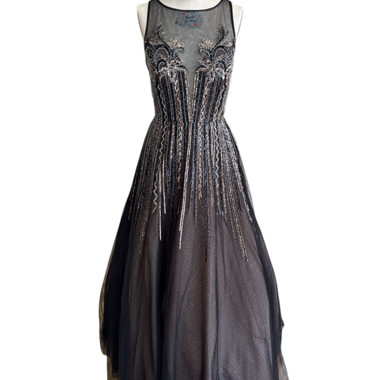 Aidan Mattox Black/ Gold Beaded Sequin Illusion Neck A Line Long Formal Dress 8