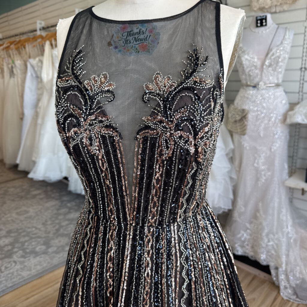 Aidan Mattox Black/ Gold Beaded Sequin Illusion Neck A Line Long Formal Dress 8