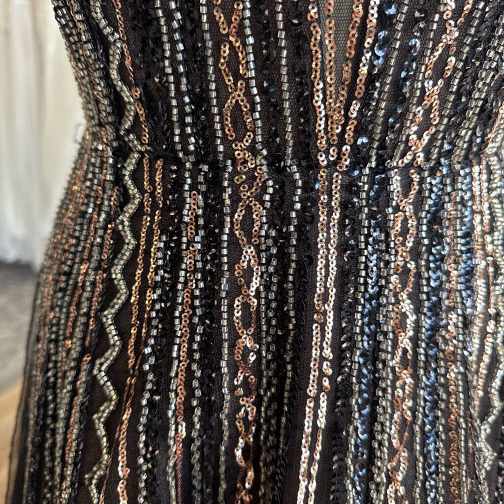 Aidan Mattox Black/ Gold Beaded Sequin Illusion Neck A Line Long Formal Dress 8