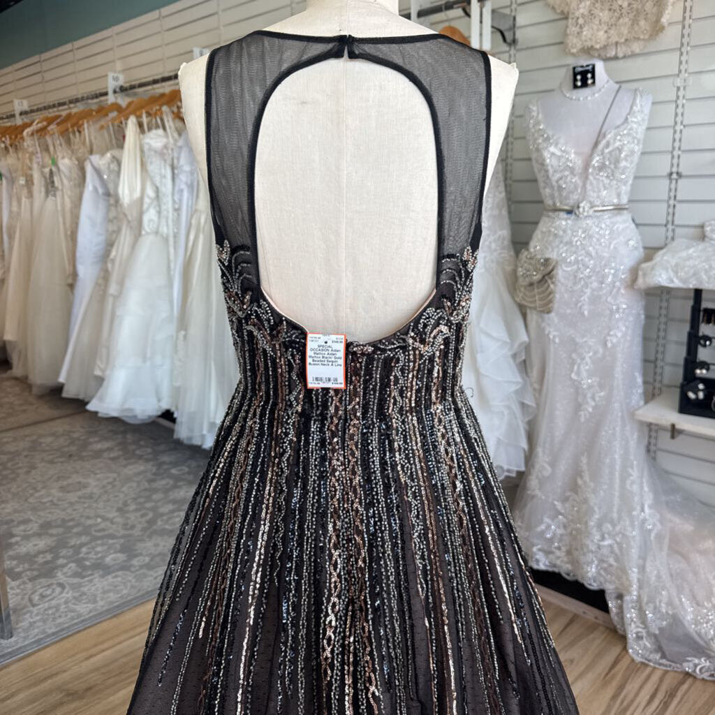 Aidan Mattox Black/ Gold Beaded Sequin Illusion Neck A Line Long Formal Dress 8
