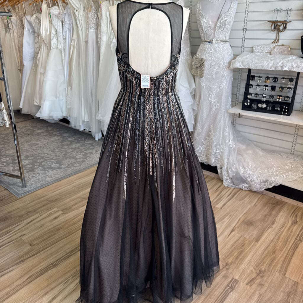 Aidan Mattox Black/ Gold Beaded Sequin Illusion Neck A Line Long Formal Dress 8