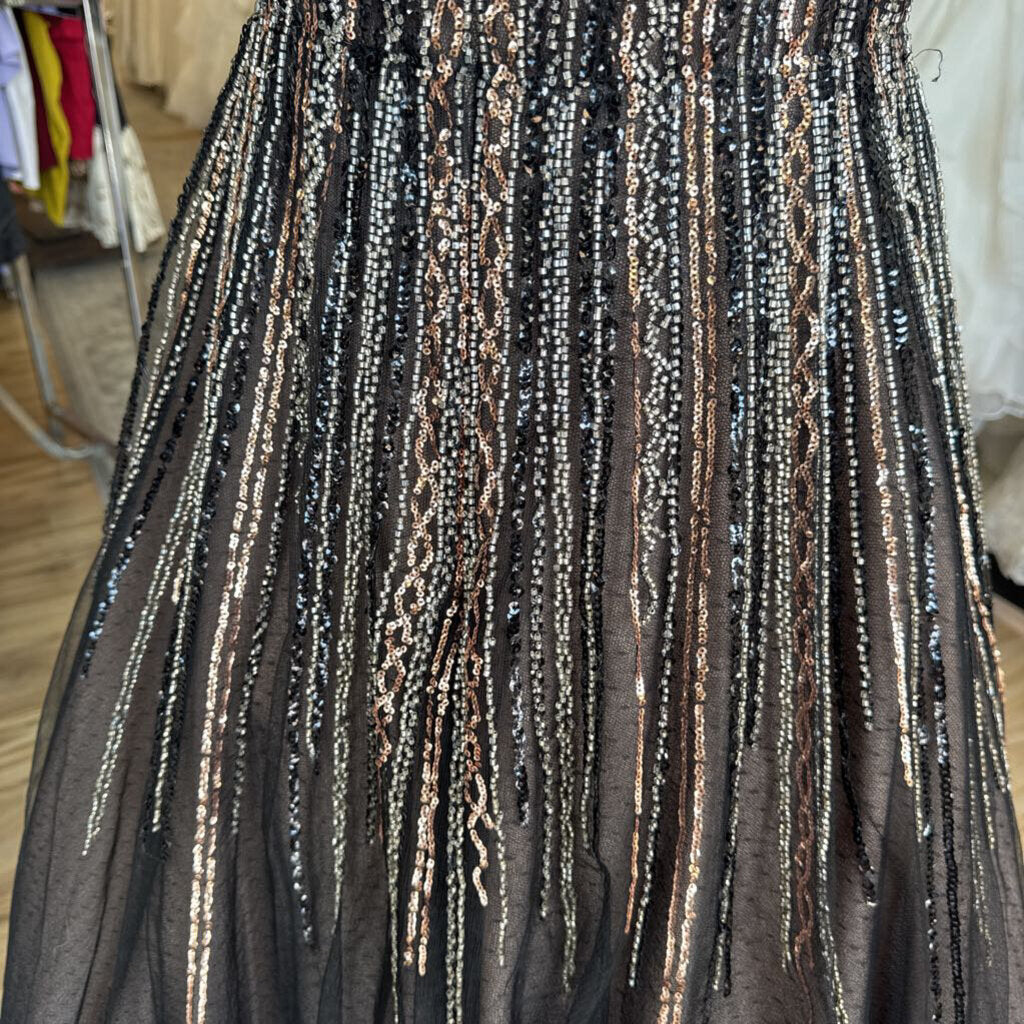 Aidan Mattox Black/ Gold Beaded Sequin Illusion Neck A Line Long Formal Dress 8