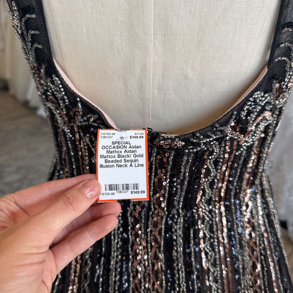 Aidan Mattox Black/ Gold Beaded Sequin Illusion Neck A Line Long Formal Dress 8