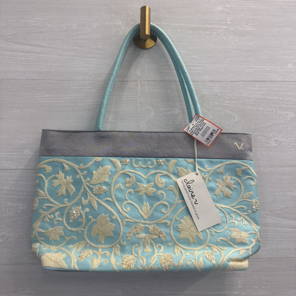 Claire V Blue/ Beige Embroidered Beaded Shoulder Purse