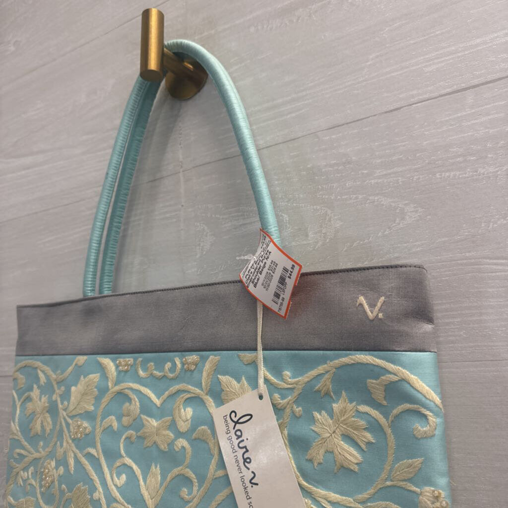 Claire V Blue/ Beige Embroidered Beaded Shoulder Purse