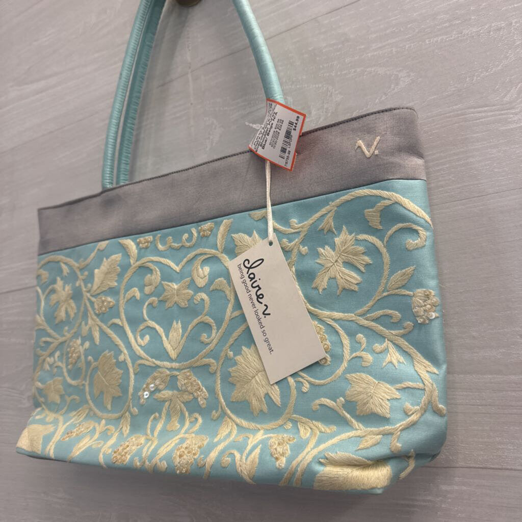 Claire V Blue/ Beige Embroidered Beaded Shoulder Purse