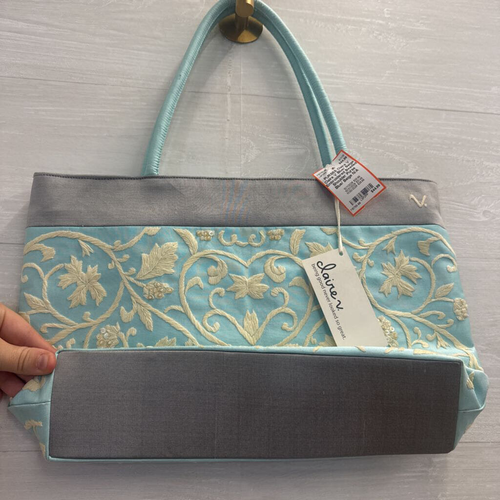 Claire V Blue/ Beige Embroidered Beaded Shoulder Purse