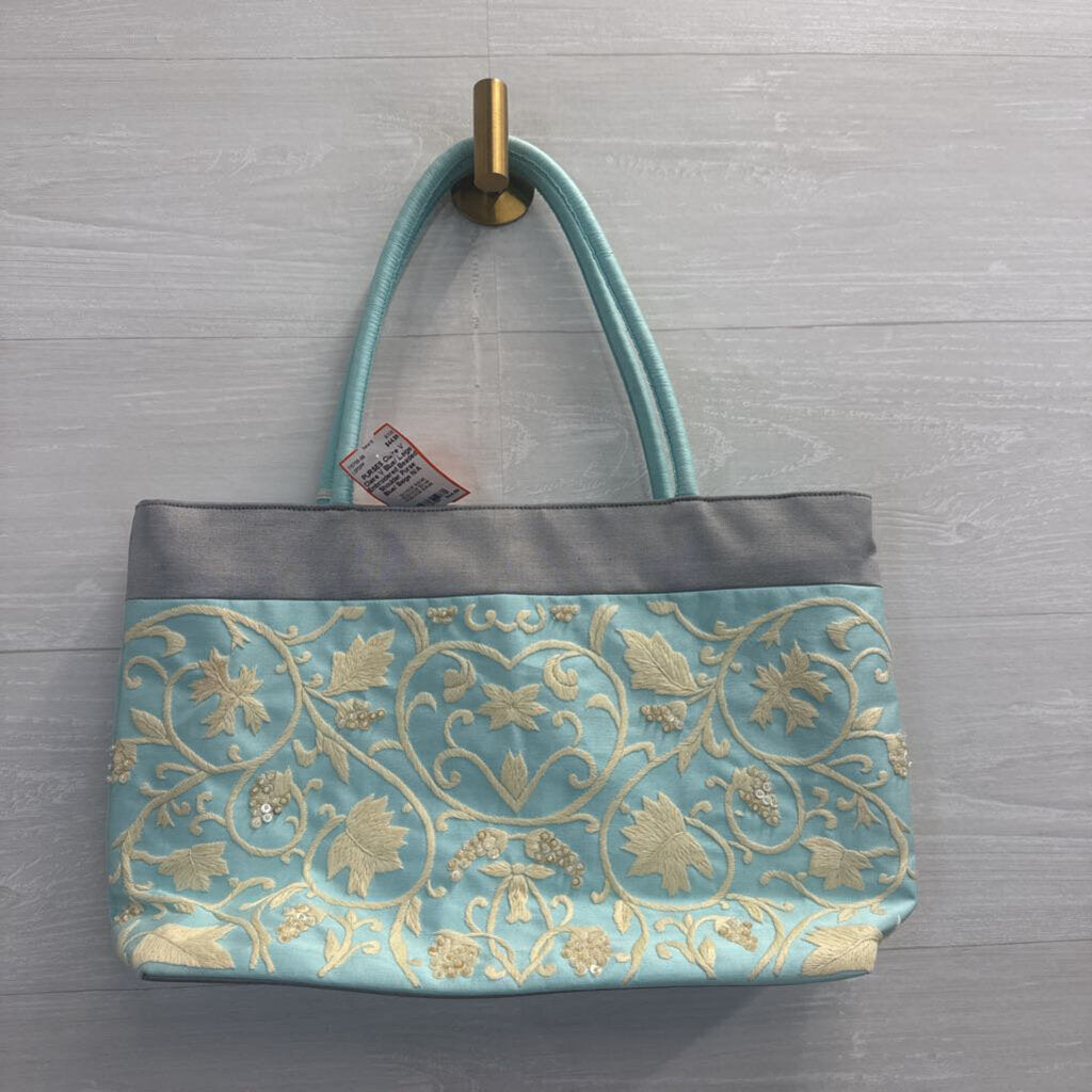Claire V Blue/ Beige Embroidered Beaded Shoulder Purse