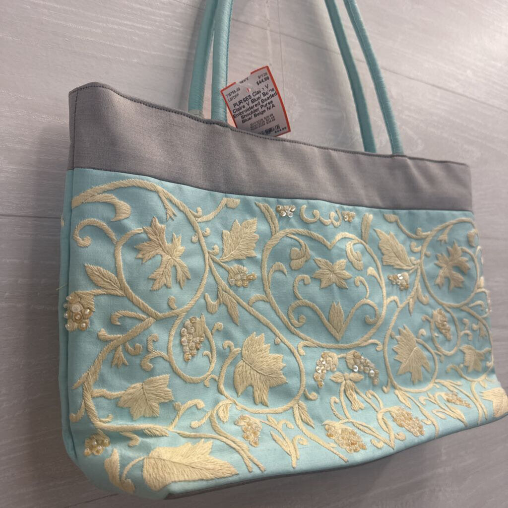 Claire V Blue/ Beige Embroidered Beaded Shoulder Purse
