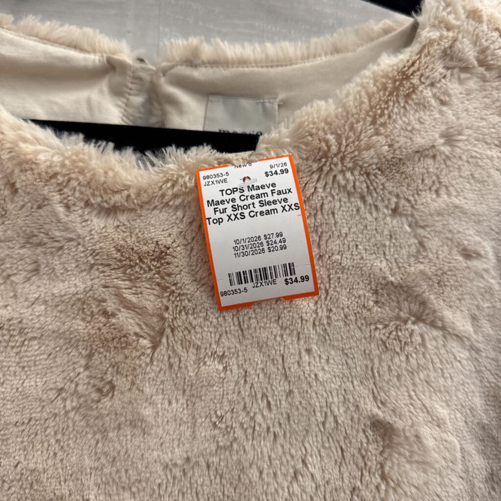Maeve Cream Faux Fur Short Sleeve Top XXS
