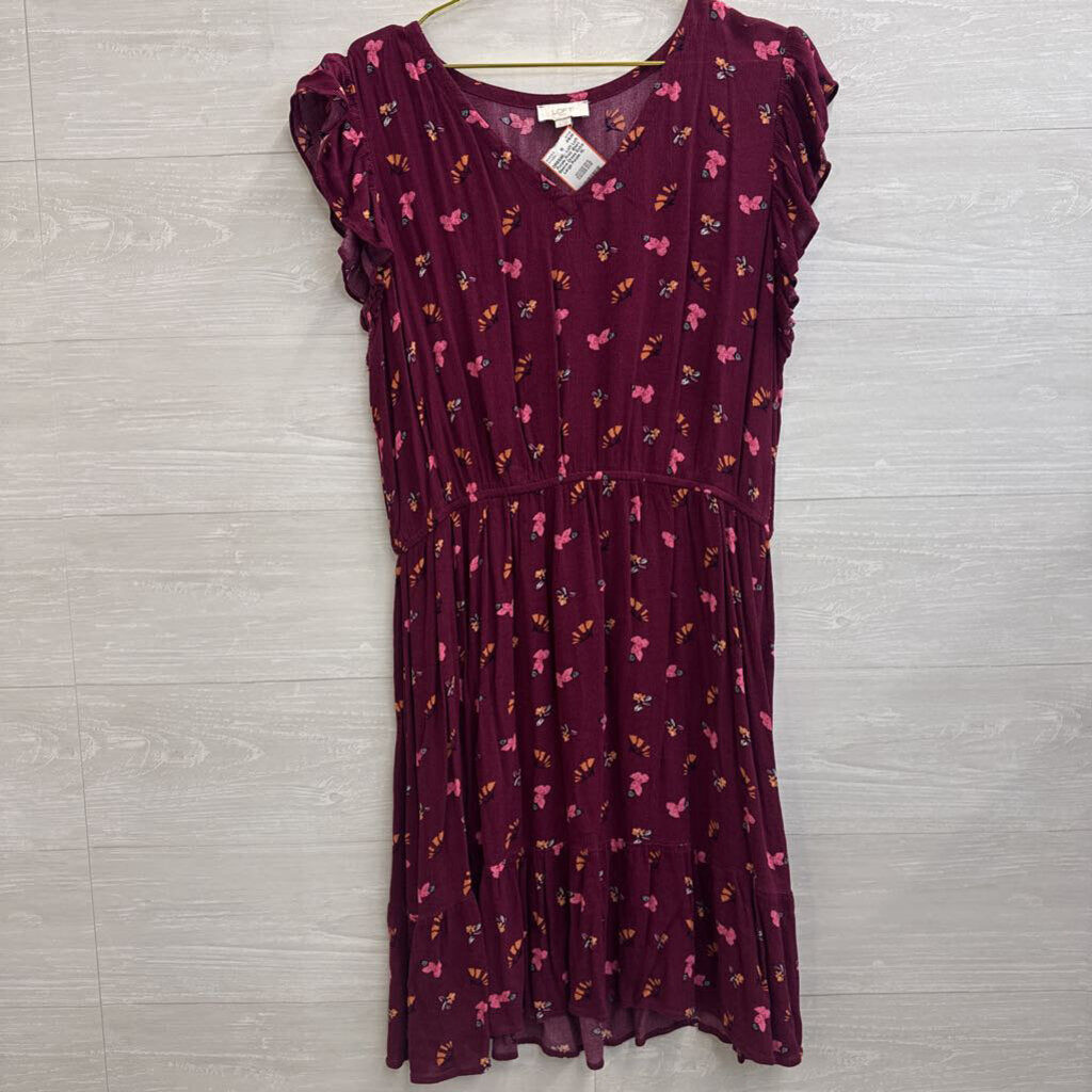 Loft Purple Print Short Sleeve Dress Extra Large