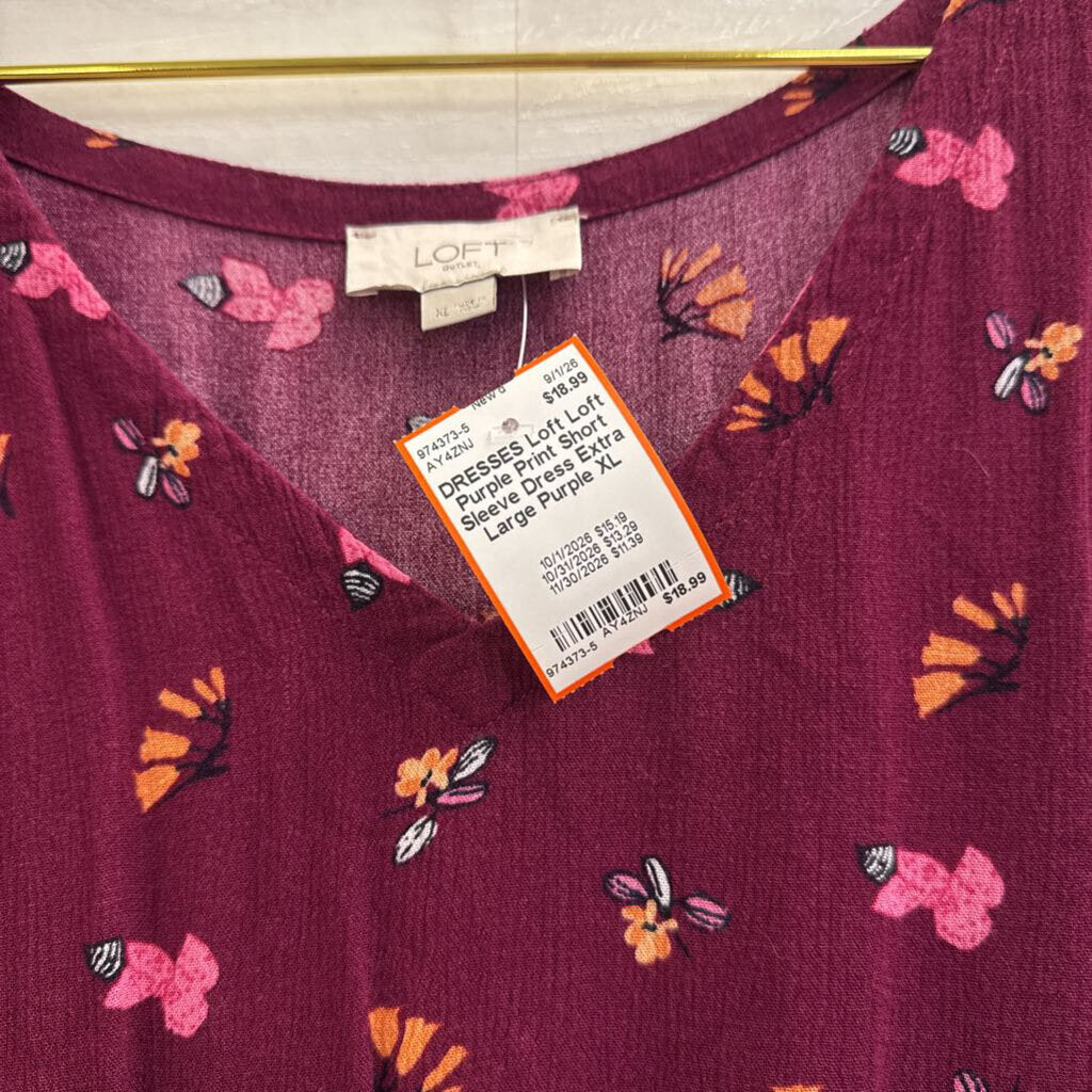 Loft Purple Print Short Sleeve Dress Extra Large
