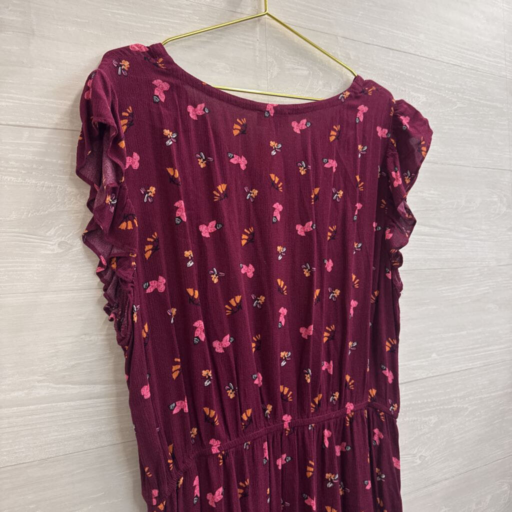 Loft Purple Print Short Sleeve Dress Extra Large