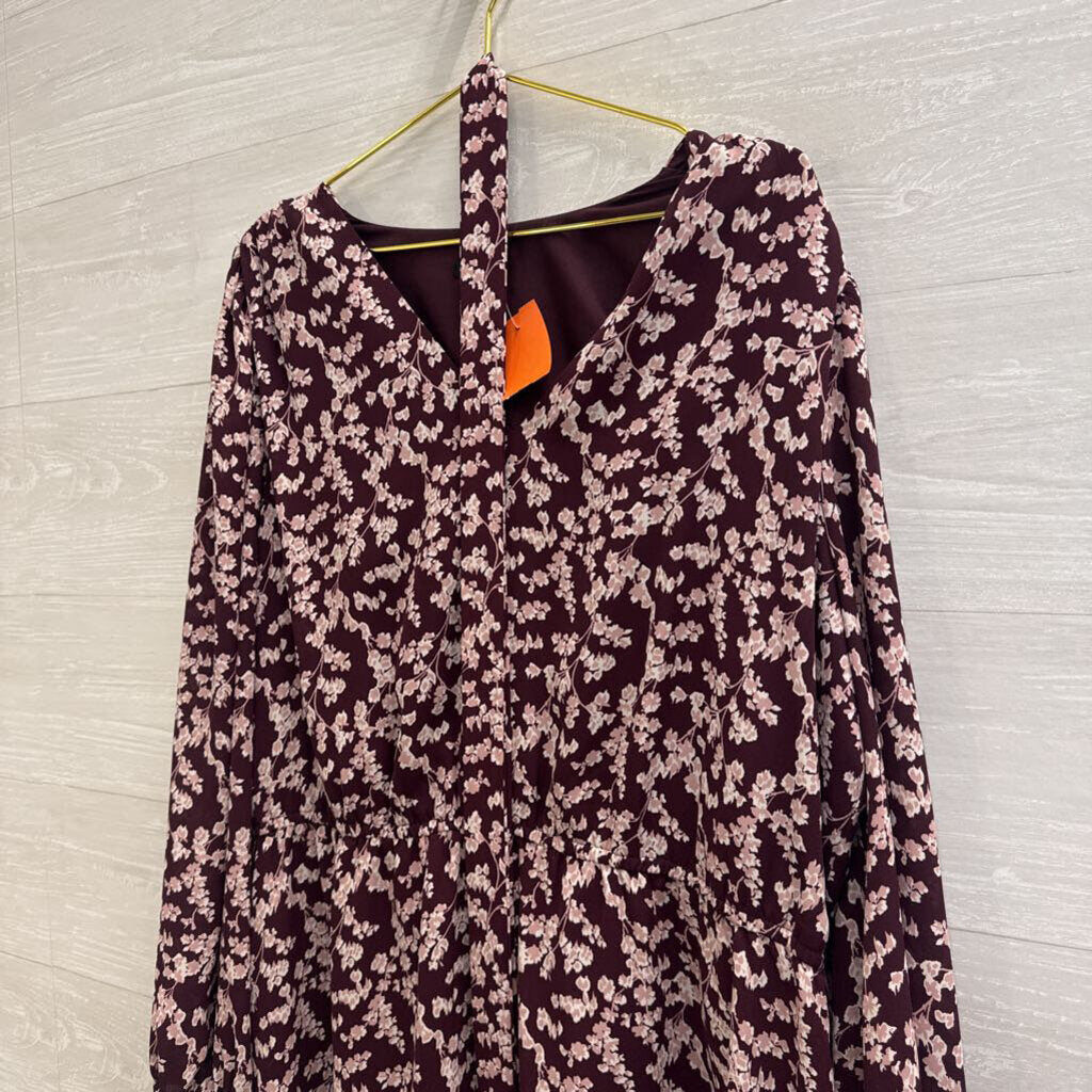 Ann Taylor Purple/ Pink Print Long Sleeve Tie Waist Dress XXL